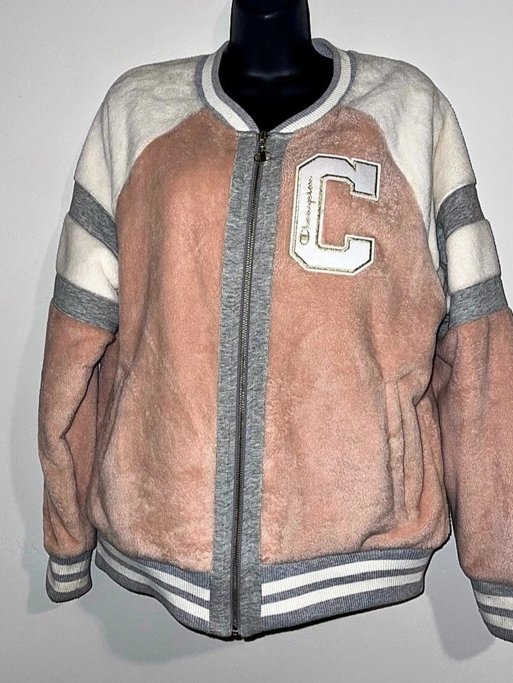 Champion Sherpa Varsity Bomber Jacket Pink & Gray